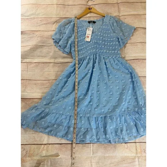 NWT Tecrew Women's Blue Chiffon Short Sleeve Dress - Medium - Picture 7 of 13